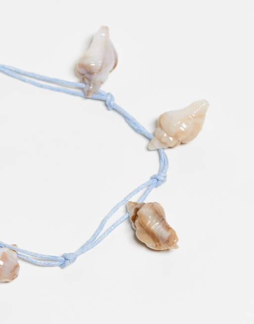 Reclaimed Vintage Unisex Beady Anklet 2 Pack With Shells In Light And Dark Blue