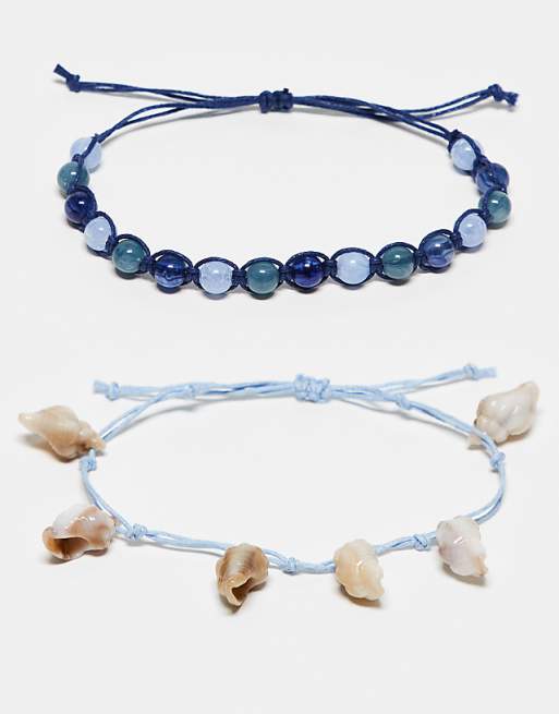 Reclaimed Vintage unisex beady anklet 2 pack with shells in light and dark blue