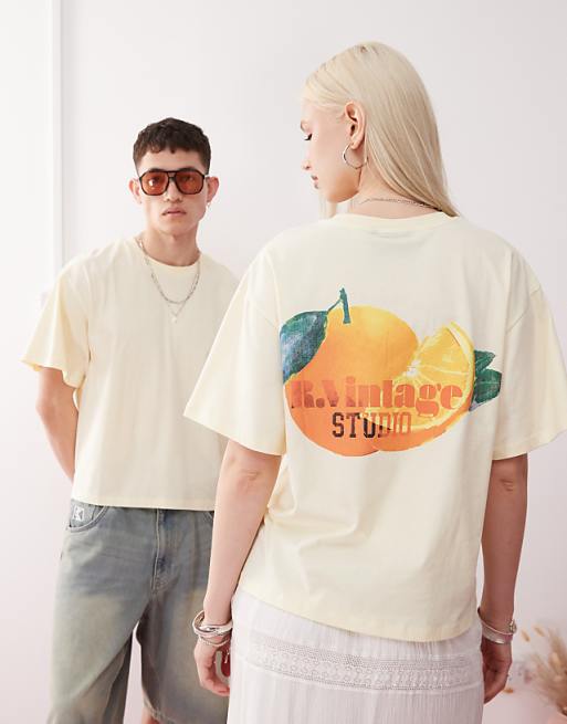 Reclaimed Vintage unisex boxy t-shirt with fruit graphic in butter yellow