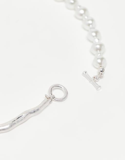 Reclaimed Vintage Unisex Chain Pearl Necklace In Silver