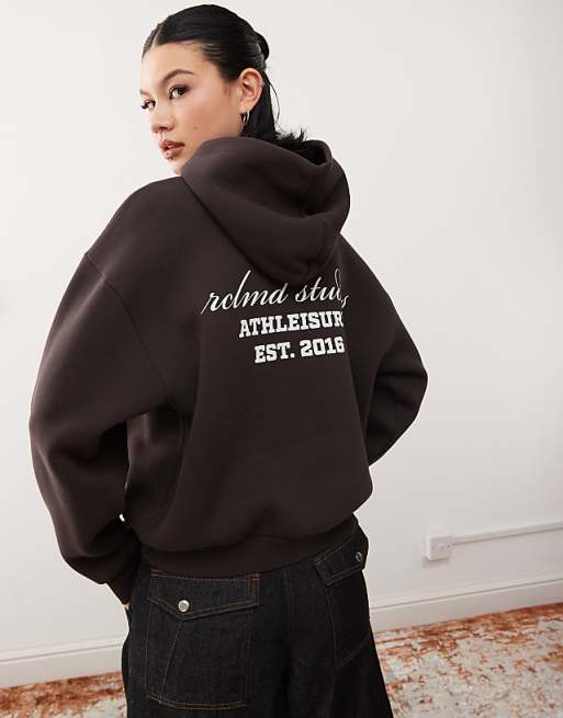 Reclaimed Vintage Unisex Cropped Boxy Logo Hoodie In Chocolate