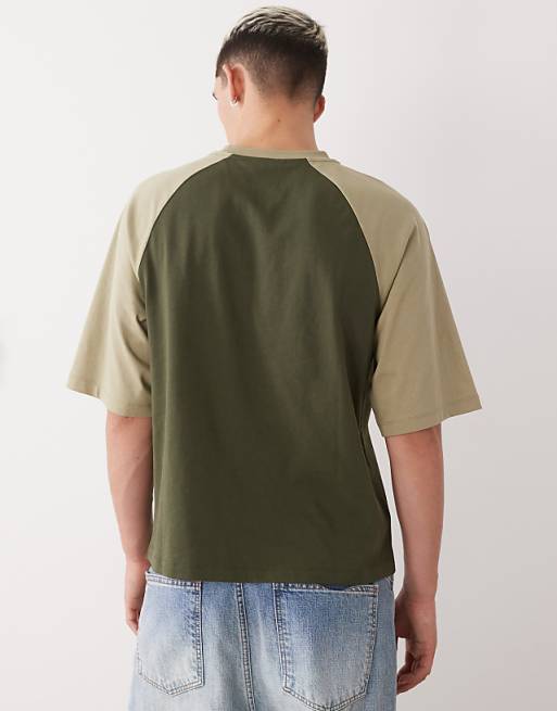 Reclaimed Vintage Unisex Cropped Boxy T-shirt With Raglan Detail In Khaki And Olive Green