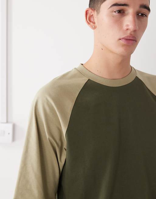 Reclaimed Vintage Unisex Cropped Boxy T-shirt With Raglan Detail In Khaki And Olive Green