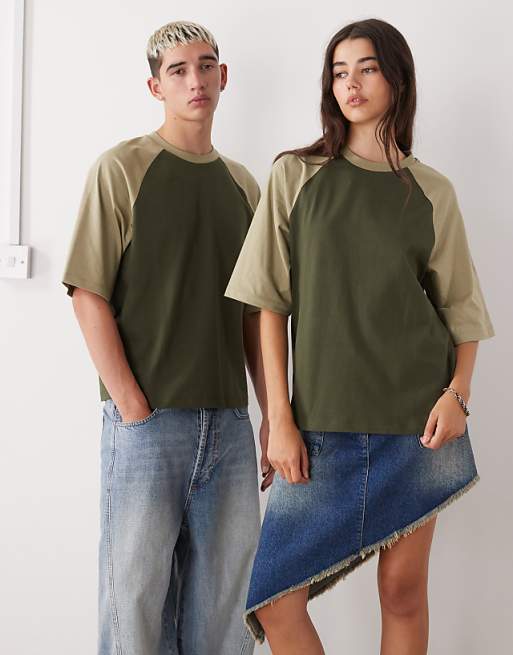 Reclaimed Vintage unisex cropped boxy t-shirt with raglan detail in khaki and olive green