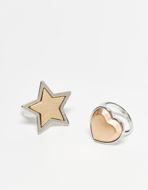 Reclaimed Vintage Unisex Heart And Star 2 Pack Signet Rings In Gold And Silver