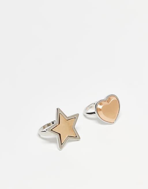 Reclaimed Vintage unisex heart and star 2 pack signet rings in gold and silver