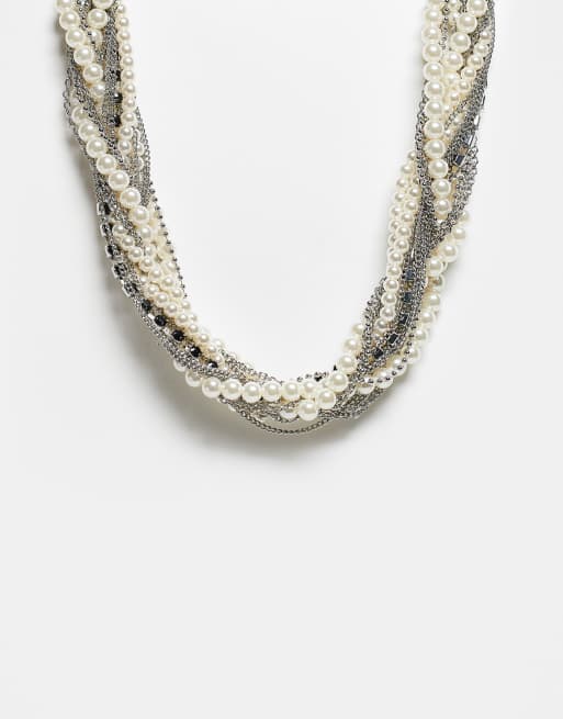 Reclaimed Vintage Unisex Jewellery With Chains And Pearls In Silver