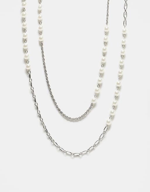 Reclaimed Vintage unisex layered 2 row necklace with pearls in silver