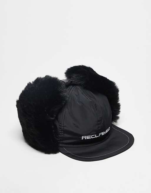 Reclaimed Vintage unisex nylon cap with faux fur in black