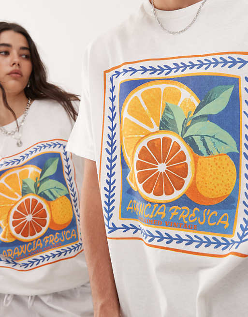 Reclaimed Vintage Unisex Oversized T-shirt With Fruit Tile Print In White