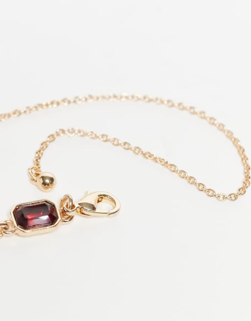 Reclaimed Vintage Unisex Red Rhinestone Choker Chain Necklace In Gold