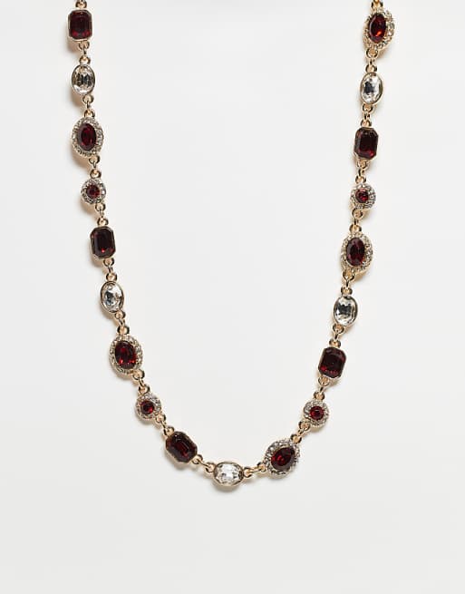Reclaimed Vintage unisex red rhinestone choker chain necklace in gold