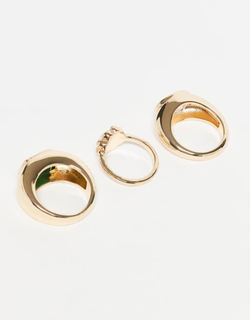 Reclaimed Vintage Unisex Ring 3 Pack With Faux Green Stone In Gold