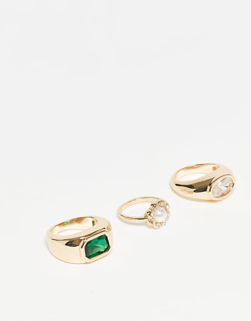 Reclaimed Vintage unisex ring 3 pack with faux green stone in gold