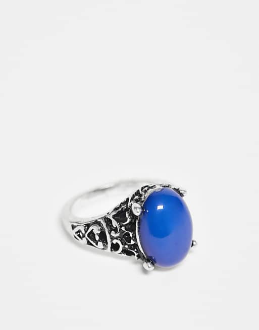 Reclaimed Vintage unisex ring with faux blue stone in silver