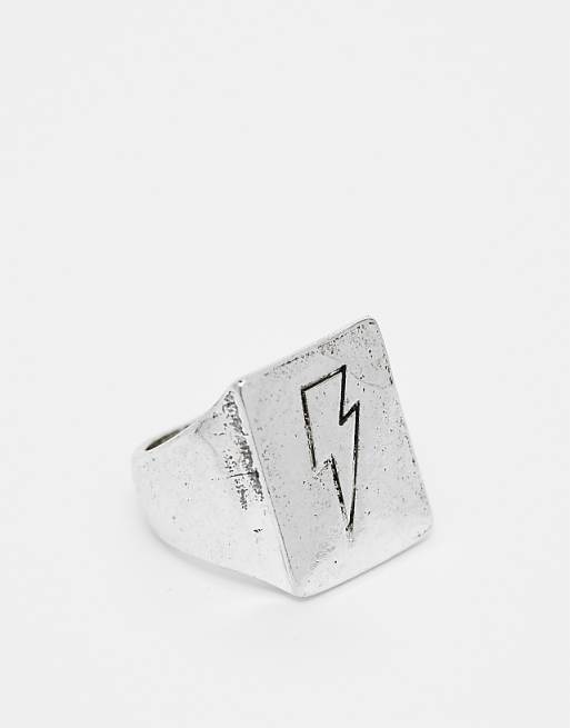 Reclaimed Vintage unisex signet ring with doddle thunder bolt in silver