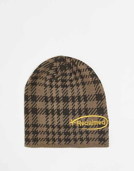 Reclaimed Vintage unisex skull cap beanie with star and branding in brown check