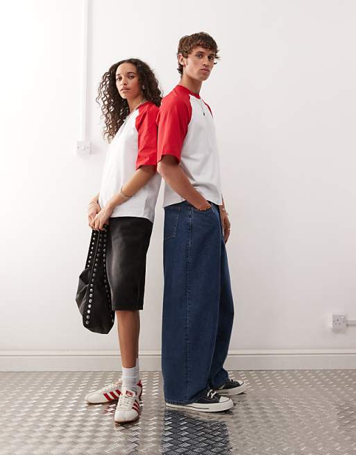 Reclaimed Vintage Unisex Slim Cropped Boxy T-shirt With Raglan Detail In White And Red