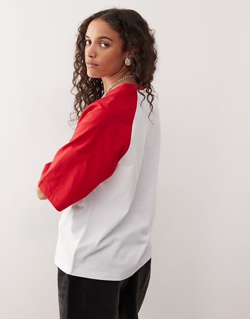 Reclaimed Vintage Unisex Slim Cropped Boxy T-shirt With Raglan Detail In White And Red