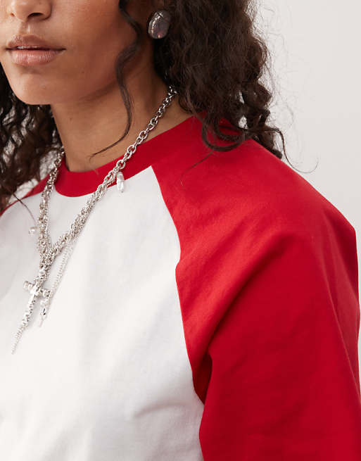 Reclaimed Vintage Unisex Slim Cropped Boxy T-shirt With Raglan Detail In White And Red