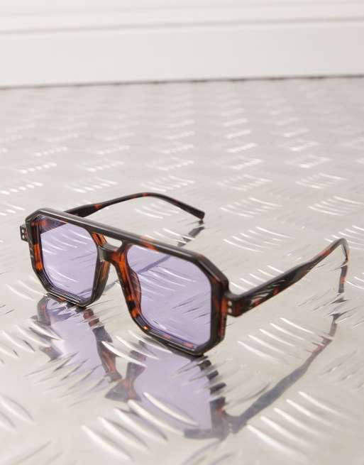 Reclaimed Vintage Unisex Square Edge Tortoiseshell Aviator Sunglasses With Purple Lense