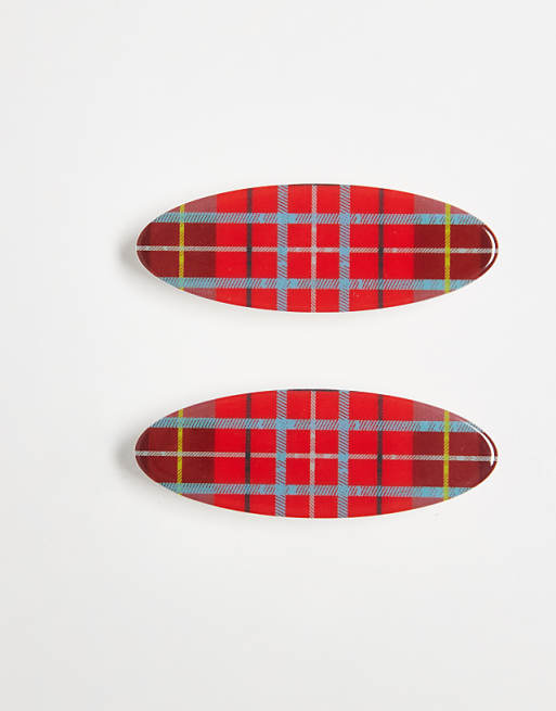 Reclaimedd Vintage hair clip 2 pack in red tartan print