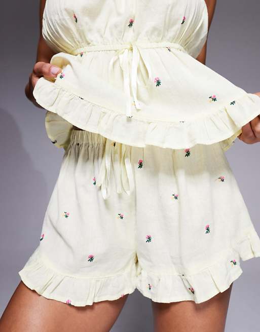 River Island Embroidered Floral Nightwear Set In Yellow