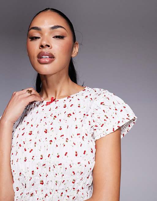 River Island Shirred Cherry Print Nightwear Set In White