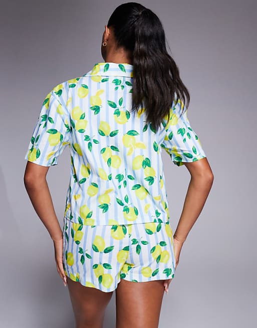 River Island Shirt And Shorts Pyjama Set In Lemon Print