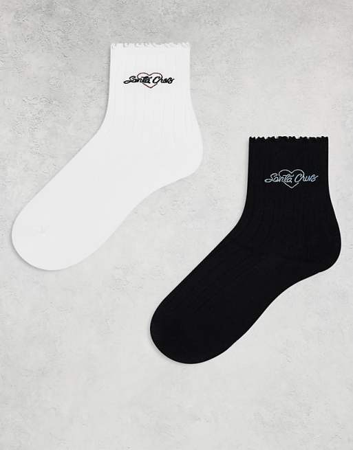 Santa Cruz 2 pack lettuce trim logo socks in black and white
