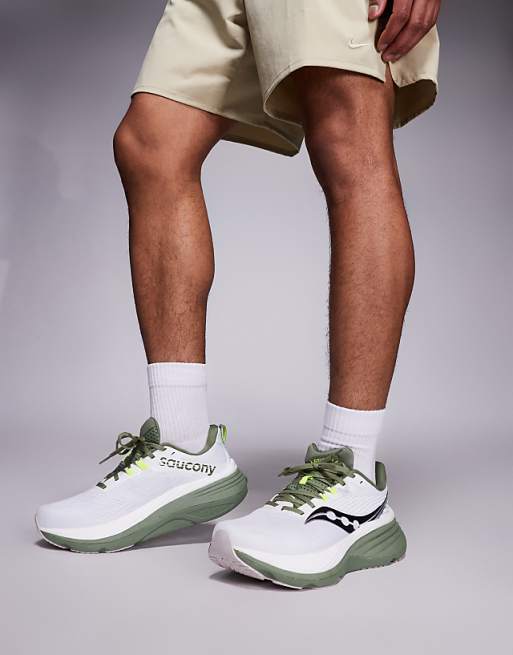 Saucony Hurricane 24 Running Trainers In White And Olivine