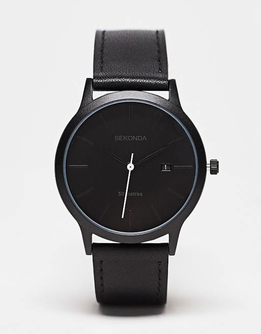 Sekonda leather strap watch in black