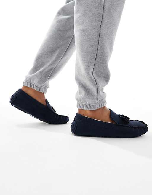 SEQWL Fur Lined Ruched Moccasins In Navy