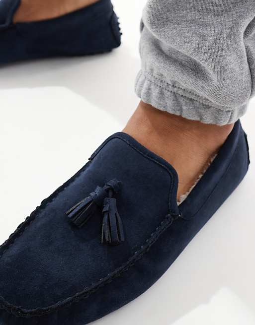 SEQWL Fur Lined Ruched Moccasins In Navy