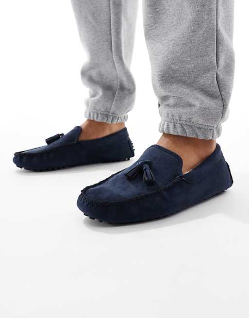 SEQWL Fur Lined Ruched Moccasins In Navy