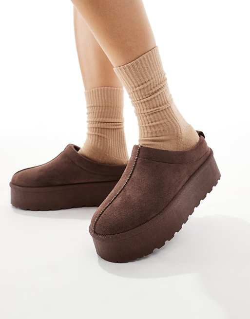 SEQWL Slip On Flatform Mules In Chocolate