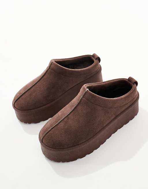 SEQWL Slip On Flatform Mules In Chocolate