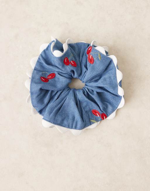 Sister Jane Contrast Trim Cherry Hair Scrunchie Co-ord In Denim Blue