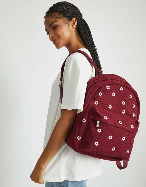 Skinnydip Burgandy Ditsy Flower Embroidered Backpack In Red