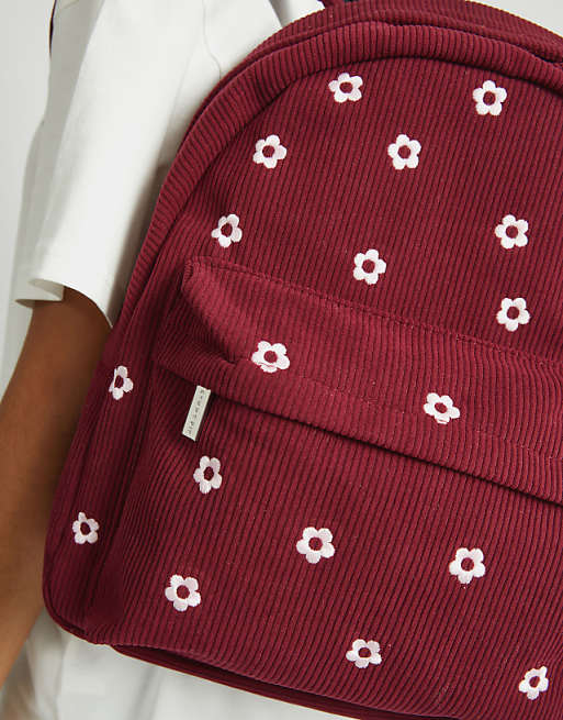 Skinnydip Burgandy Ditsy Flower Embroidered Backpack In Red