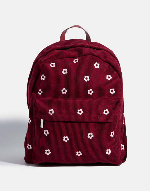 Skinnydip Burgandy ditsy flower embroidered backpack in red