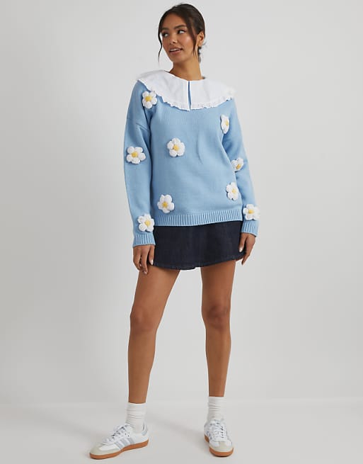 Skinnydip London 3d Flowers Knitted Jumper In Blue