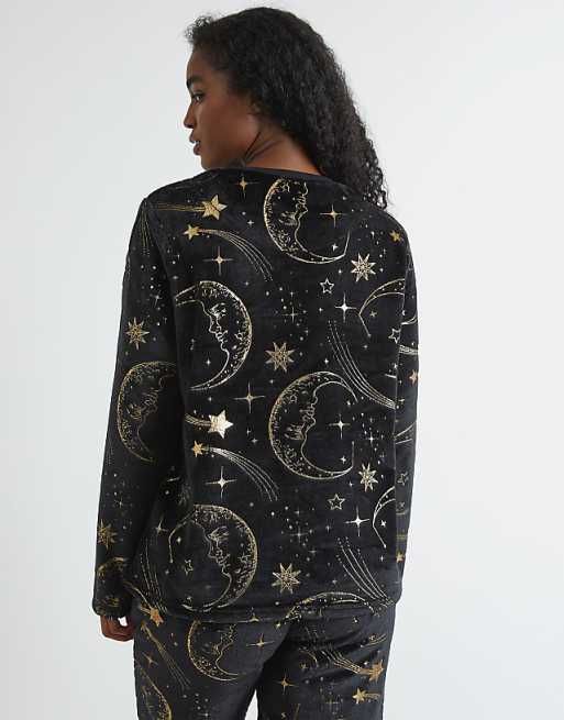 Skinnydip London Celestial Gold Twosie Fleece Pyjama Set In Black