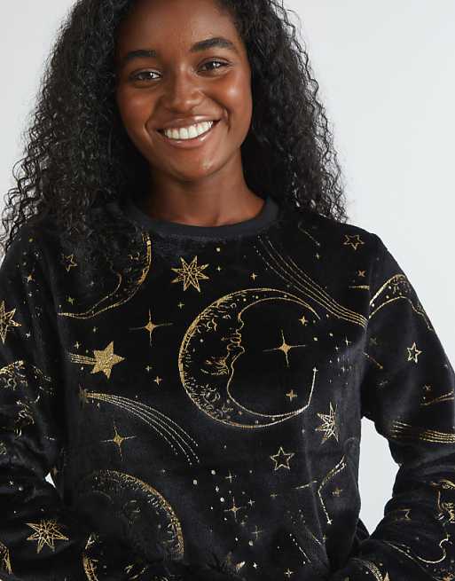 Skinnydip London Celestial Gold Twosie Fleece Pyjama Set In Black
