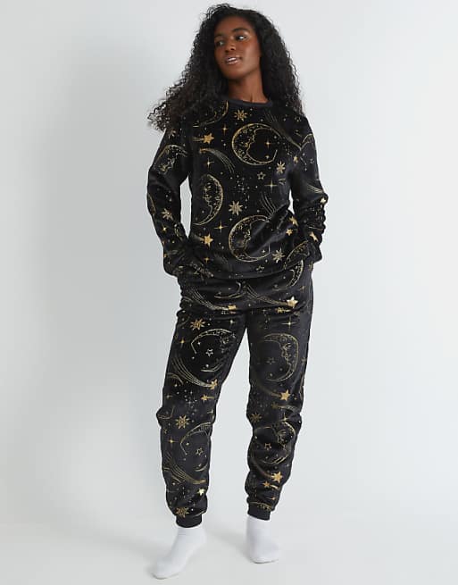 Skinnydip London Celestial Gold Twosie Fleece Pyjama Set In Black