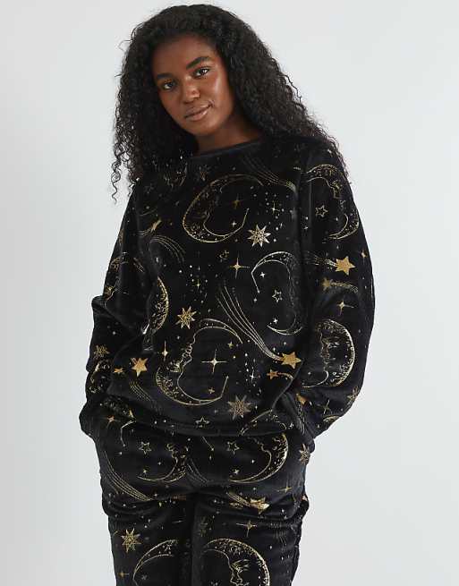 Skinnydip london celestial gold twosie fleece pyjama set in black