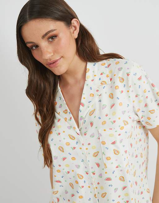Skinnydip London Ditsy Fruit Shirt & Short Pyjama Set In White