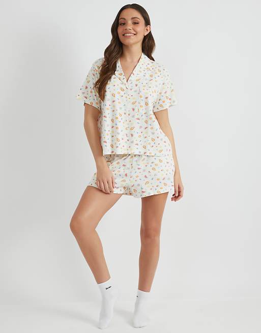 Skinnydip London Ditsy Fruit Shirt & Short Pyjama Set In White