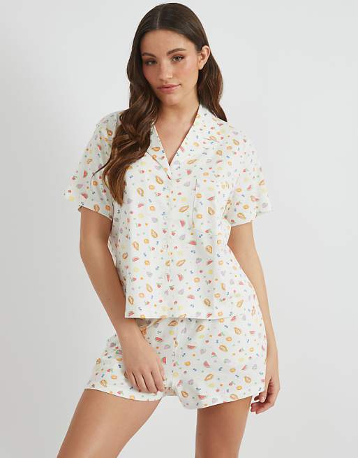 Skinnydip london ditsy fruit shirt & short pyjama set in white