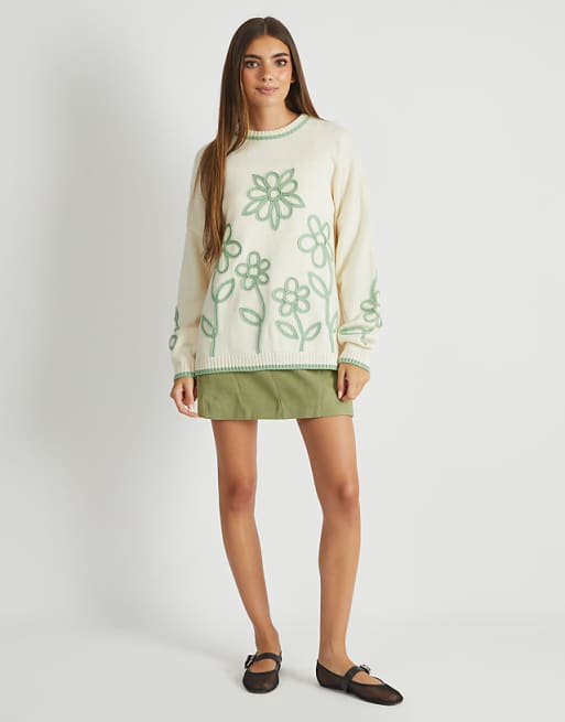 Skinnydip London Floral Applique Knitted Jumper In Cream & Sage In Ecru